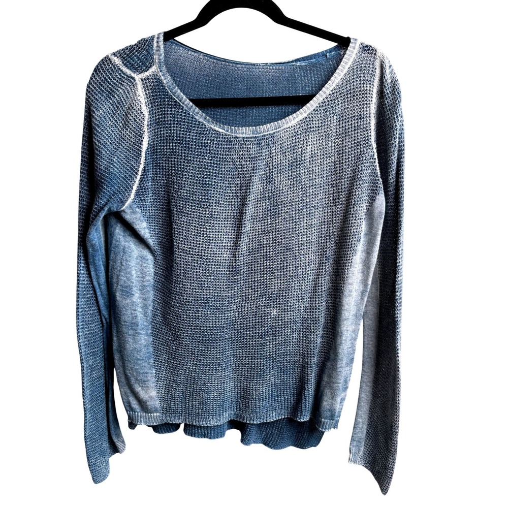Blue Acid Wash Open Knit Mesh Long Sleeve Womens Sweater Grunge Lightweight